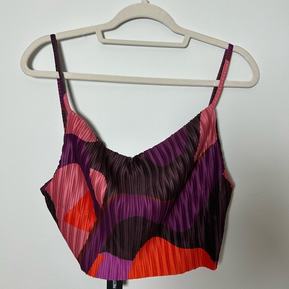 PrettyLittleThing Plus Print Plisse Strappy Cowl Neck Top